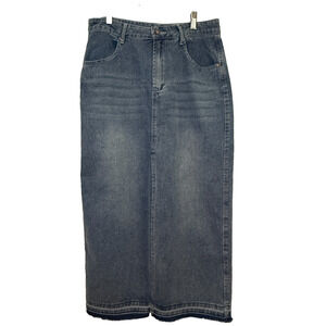 Happily Grey Denim Maxi Skirt Size 11 / 29 Blue Raw Hem Split Front Soft Stretch
